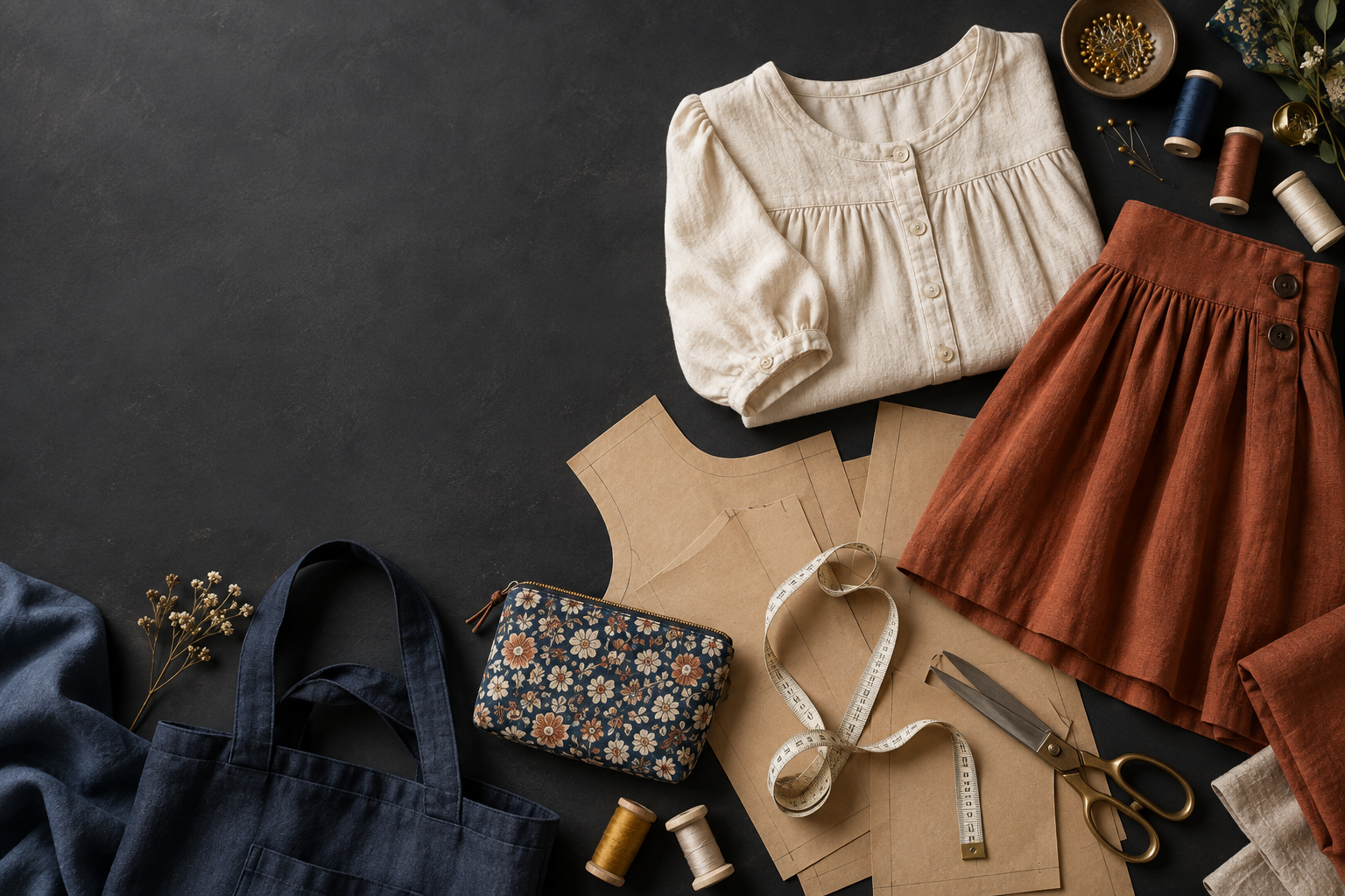 Handmade clothing, a bag and sewing supplies arranged with paper patterns
